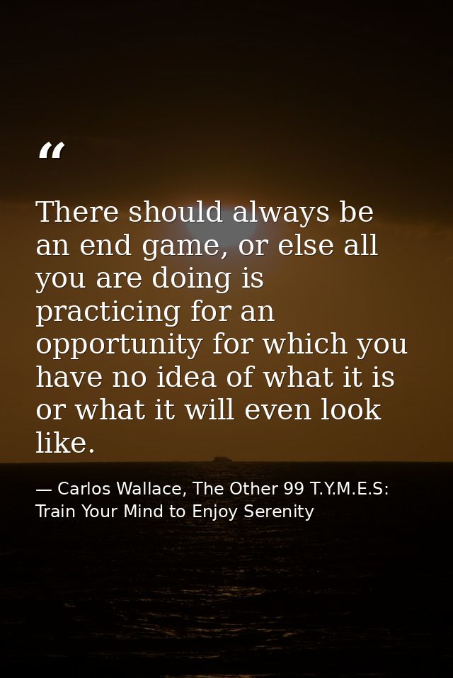 There should always be an end game, or else all you are doing is practicing for an opportunity for which you have no ide — Carlos Wallace, The Other 99 T.Y.M.E.S: Train Your Mind to Enjoy Serenity