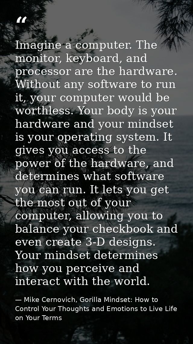 Imagine a computer. The monitor, keyboard, and processor are the hardware. Without any software to run it, your computer — Mike Cernovich, Gorilla Mindset: How to Control Your Thoughts and Emotions to Live Life on Your Terms