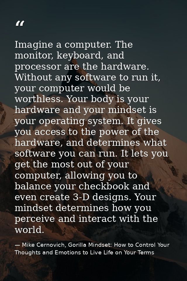 Imagine a computer. The monitor, keyboard, and processor are the hardware. Without any software to run it, your computer — Mike Cernovich, Gorilla Mindset: How to Control Your Thoughts and Emotions to Live Life on Your Terms