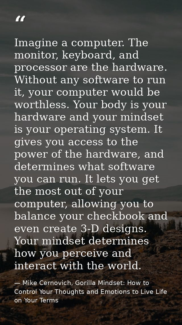 Imagine a computer. The monitor, keyboard, and processor are the hardware. Without any software to run it, your computer — Mike Cernovich, Gorilla Mindset: How to Control Your Thoughts and Emotions to Live Life on Your Terms