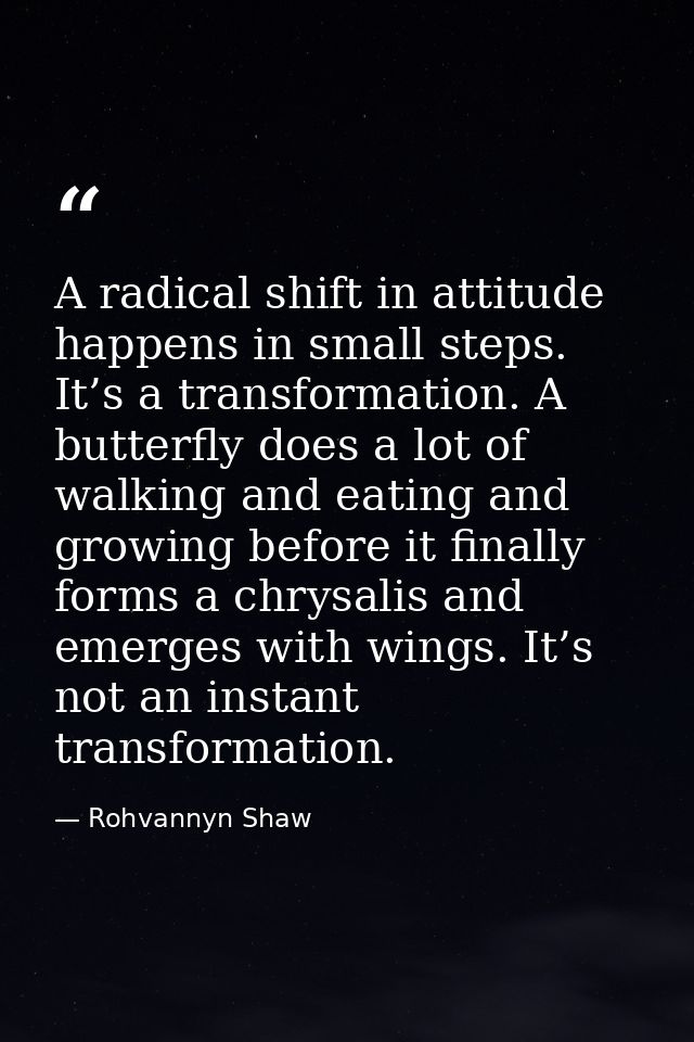 A radical shift in attitude happens in small steps. It’s a transformation. A butterfly does a lot of walking and eating  — Rohvannyn Shaw