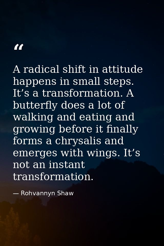 A radical shift in attitude happens in small steps. It’s a transformation. A butterfly does a lot of walking and eating  — Rohvannyn Shaw