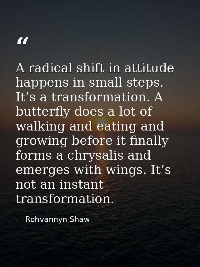 A radical shift in attitude happens in small steps. It’s a transformation. A butterfly does a lot of walking and eating  — Rohvannyn Shaw