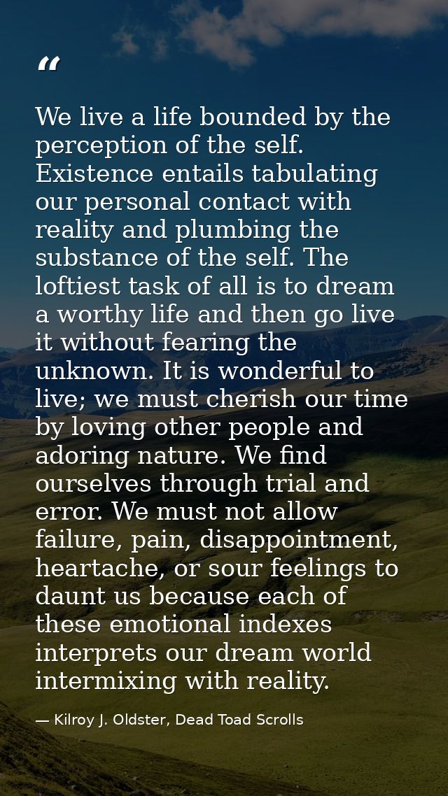 We live a life bounded by the perception of the self. Existence entails tabulating our personal contact with reality and — Kilroy J. Oldster, Dead Toad Scrolls