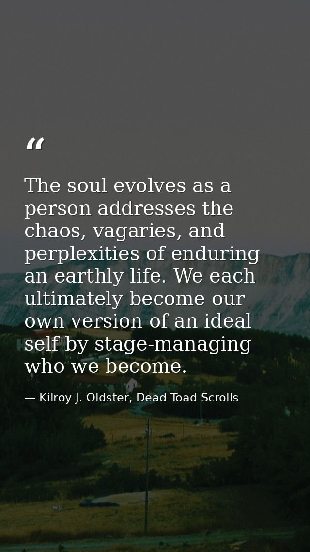 The soul evolves as a person addresses the chaos, vagaries, and perplexities of enduring an earthly life. We each ultima — Kilroy J. Oldster, Dead Toad Scrolls