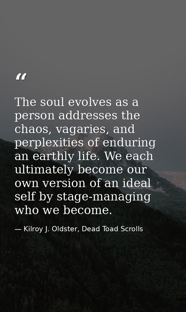The soul evolves as a person addresses the chaos, vagaries, and perplexities of enduring an earthly life. We each ultima — Kilroy J. Oldster, Dead Toad Scrolls