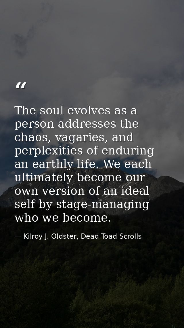The soul evolves as a person addresses the chaos, vagaries, and perplexities of enduring an earthly life. We each ultima — Kilroy J. Oldster, Dead Toad Scrolls