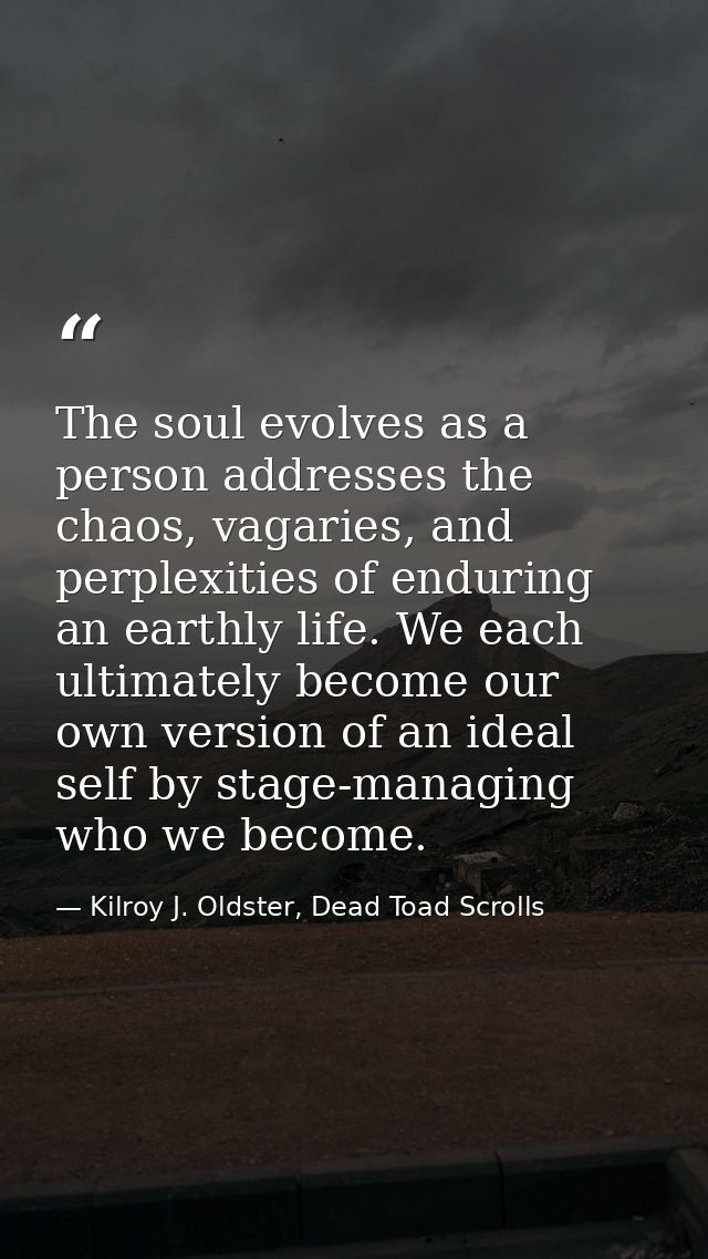The soul evolves as a person addresses the chaos, vagaries, and perplexities of enduring an earthly life. We each ultima — Kilroy J. Oldster, Dead Toad Scrolls