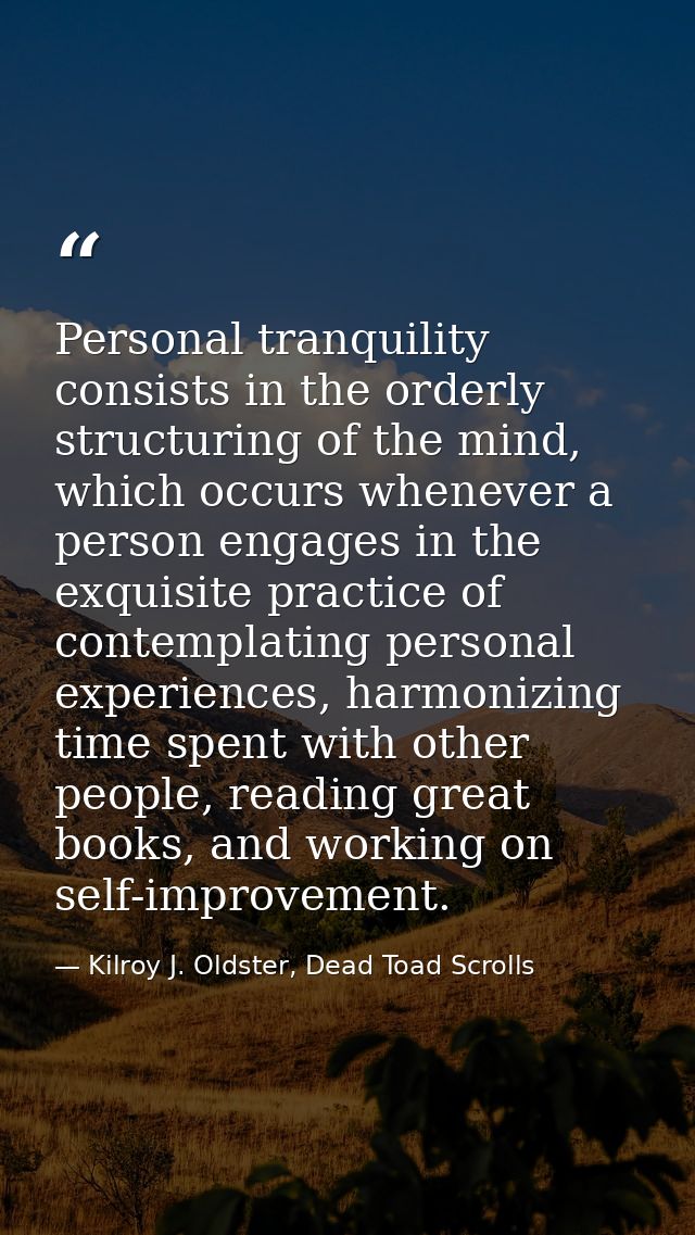 Personal tranquility consists in the orderly structuring of the mind, which occurs whenever a person engages in the exqu — Kilroy J. Oldster, Dead Toad Scrolls
