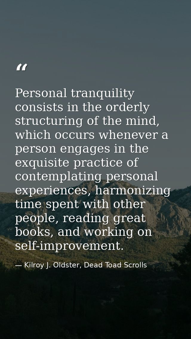 Personal tranquility consists in the orderly structuring of the mind, which occurs whenever a person engages in the exqu — Kilroy J. Oldster, Dead Toad Scrolls