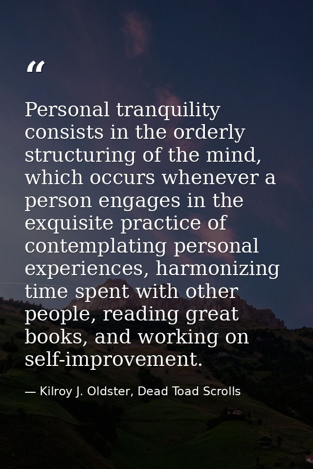 Personal tranquility consists in the orderly structuring of the mind, which occurs whenever a person engages in the exqu — Kilroy J. Oldster, Dead Toad Scrolls