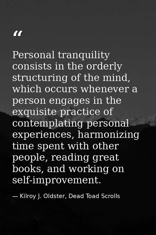 Personal tranquility consists in the orderly structuring of the mind, which occurs whenever a person engages in the exqu — Kilroy J. Oldster, Dead Toad Scrolls