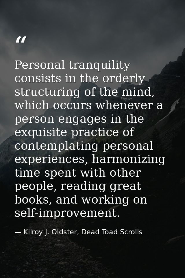 Personal tranquility consists in the orderly structuring of the mind, which occurs whenever a person engages in the exqu — Kilroy J. Oldster, Dead Toad Scrolls