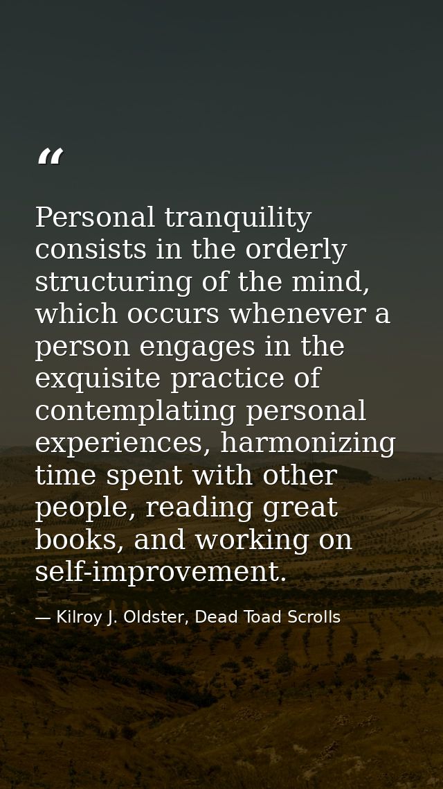Personal tranquility consists in the orderly structuring of the mind, which occurs whenever a person engages in the exqu — Kilroy J. Oldster, Dead Toad Scrolls