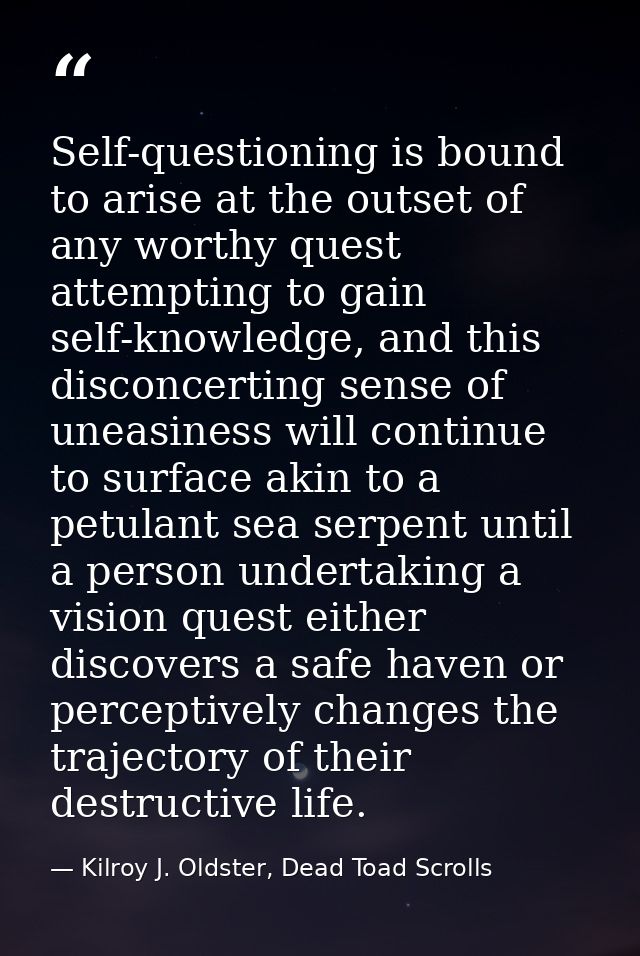 Self-questioning is bound to arise at the outset of any worthy quest attempting to gain self-knowledge, and this disconc — Kilroy J. Oldster, Dead Toad Scrolls