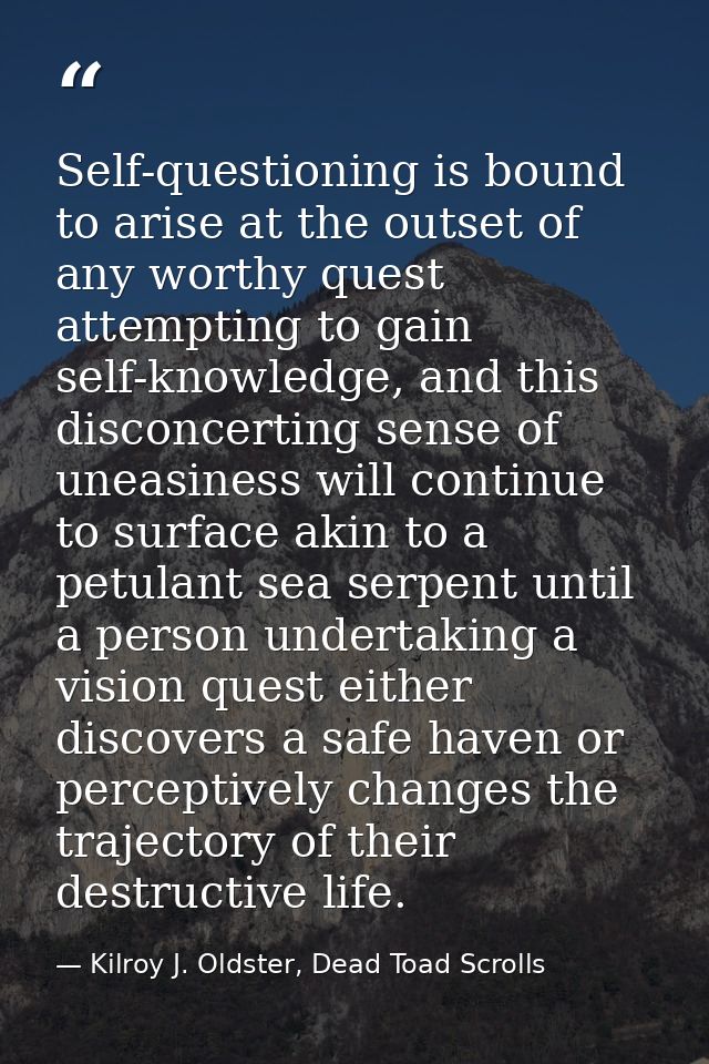 Self-questioning is bound to arise at the outset of any worthy quest attempting to gain self-knowledge, and this disconc — Kilroy J. Oldster, Dead Toad Scrolls