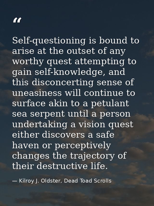 Self-questioning is bound to arise at the outset of any worthy quest attempting to gain self-knowledge, and this disconc — Kilroy J. Oldster, Dead Toad Scrolls