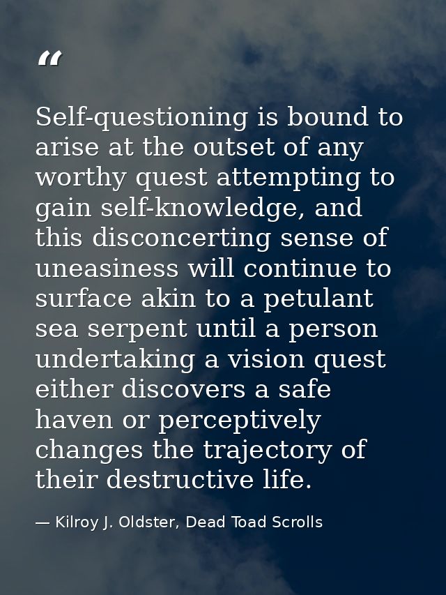 Self-questioning is bound to arise at the outset of any worthy quest attempting to gain self-knowledge, and this disconc — Kilroy J. Oldster, Dead Toad Scrolls