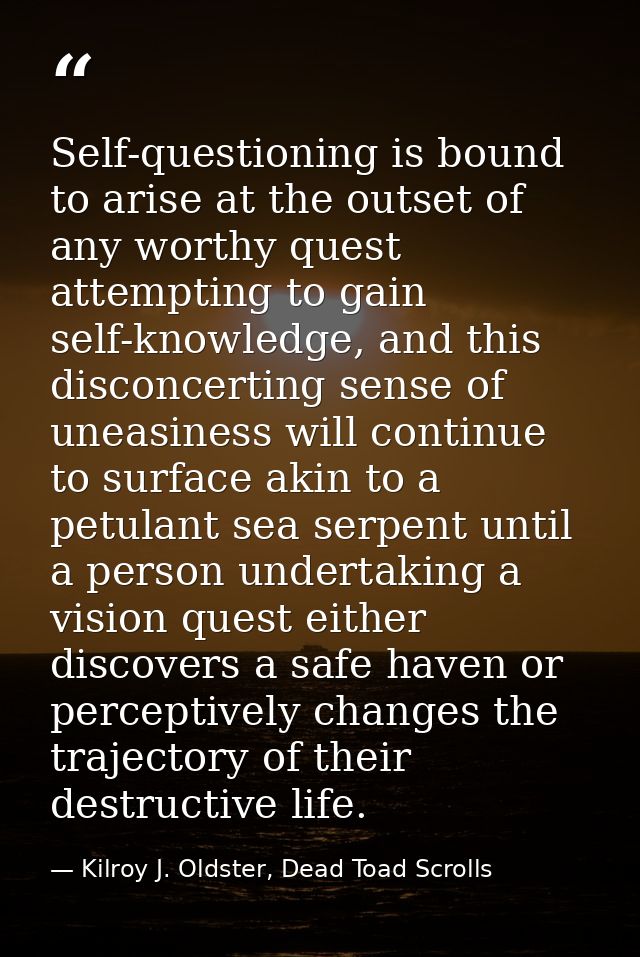 Self-questioning is bound to arise at the outset of any worthy quest attempting to gain self-knowledge, and this disconc — Kilroy J. Oldster, Dead Toad Scrolls