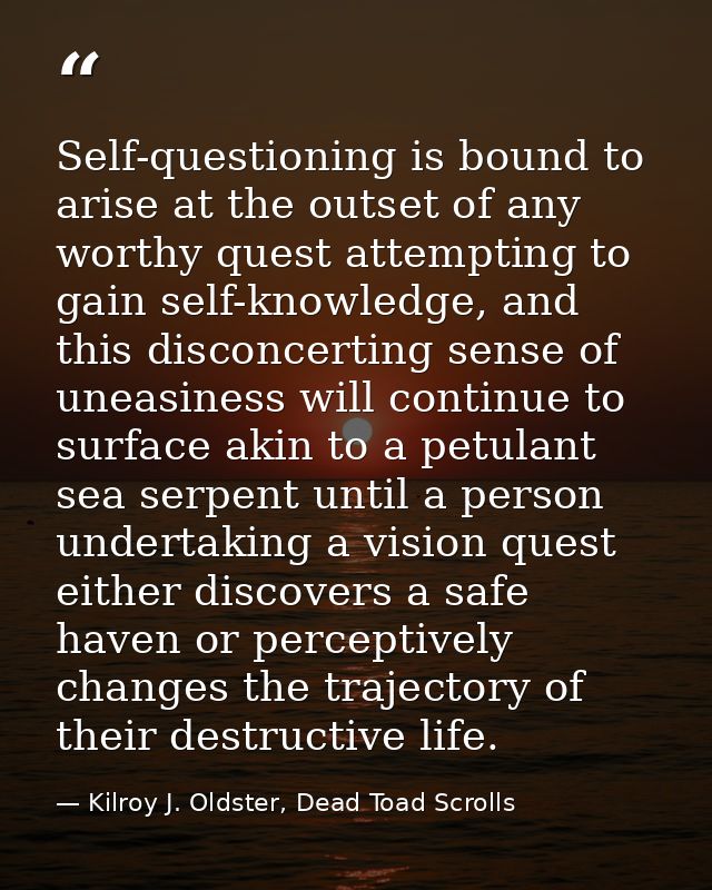 Self-questioning is bound to arise at the outset of any worthy quest attempting to gain self-knowledge, and this disconc — Kilroy J. Oldster, Dead Toad Scrolls