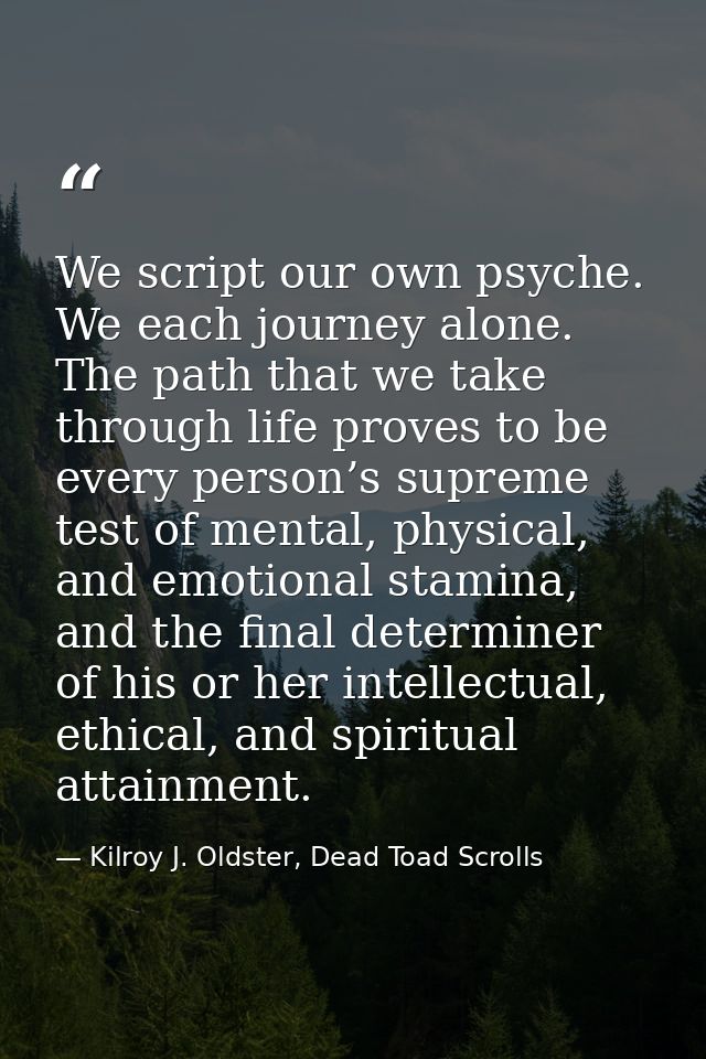 We script our own psyche. We each journey alone. The path that we take through life proves to be every person’s supreme  — Kilroy J. Oldster, Dead Toad Scrolls