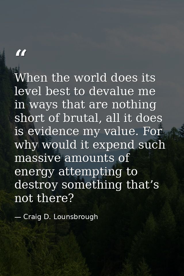 When the world does its level best to devalue me in ways that are nothing short of brutal, all it does is evidence my va — Craig D. Lounsbrough