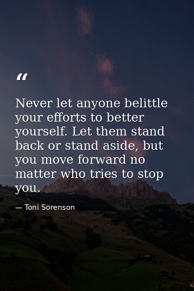 Never let anyone belittle your efforts to better yourself. Let them stand back or stand aside, but you move forward no m — Toni Sorenson