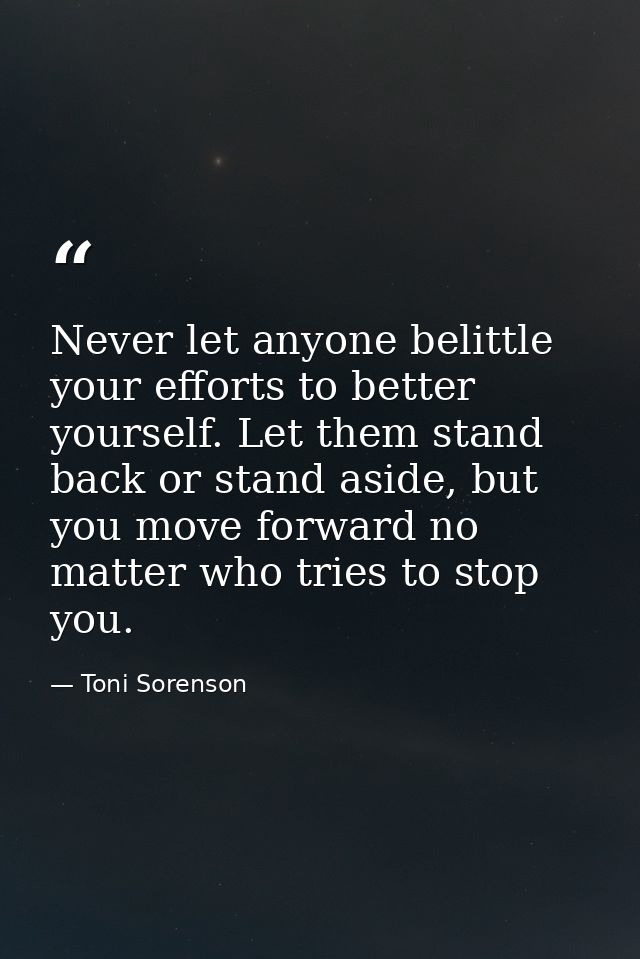 Never let anyone belittle your efforts to better yourself. Let them stand back or stand aside, but you move forward no m — Toni Sorenson