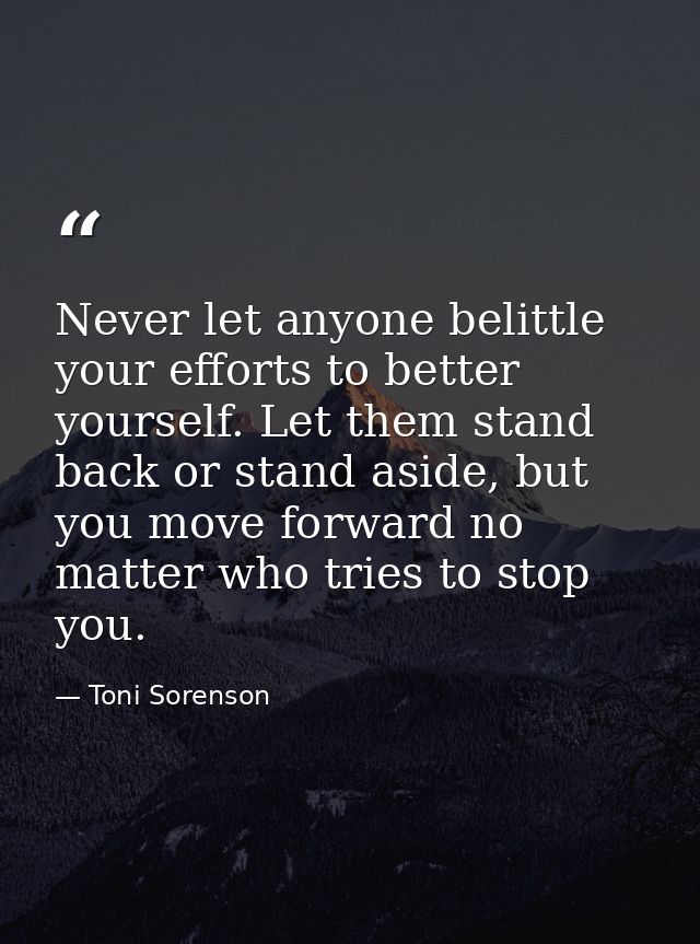 Never let anyone belittle your efforts to better yourself. Let them stand back or stand aside, but you move forward no m — Toni Sorenson