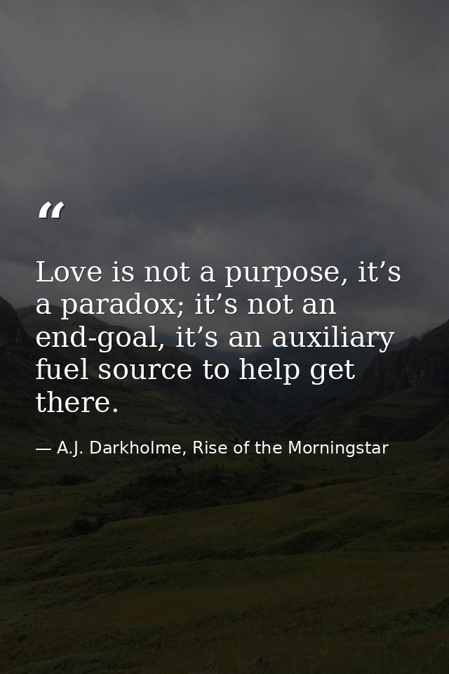 Love is not a purpose, it’s a paradox; it’s not an end-goal, it’s an auxiliary fuel source to help get there. — A.J. Darkholme, Rise of the Morningstar