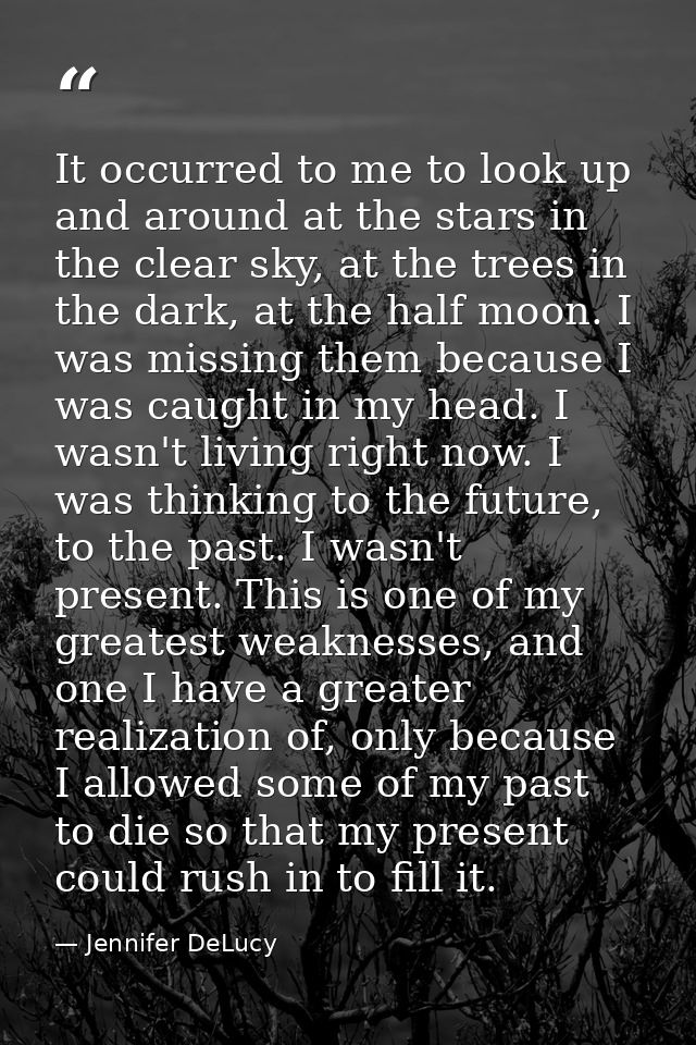 It occurred to me to look up and around at the stars in the clear sky, at the trees in the dark, at the half moon. I was — Jennifer DeLucy