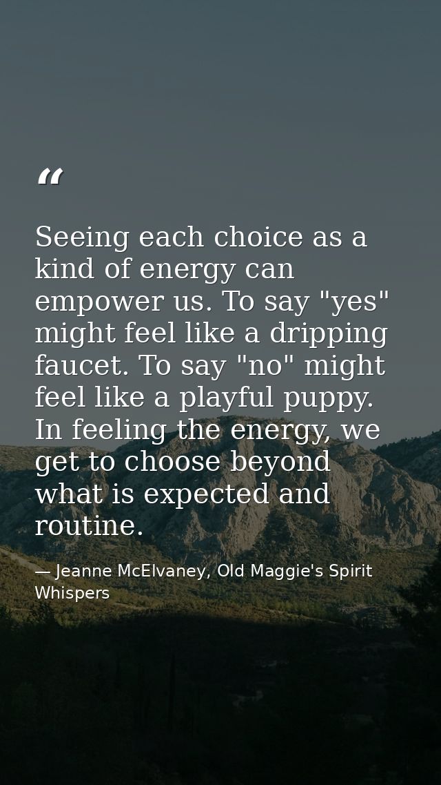Seeing each choice as a kind of energy can empower us. To say "yes" might feel like a dripping faucet. To say "no" might — Jeanne McElvaney, Old Maggie's Spirit Whispers