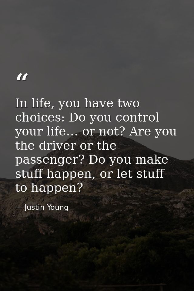 In life, you have two choices: Do you control your life… or not? Are you the driver or the passenger? Do you make stuff  — Justin Young