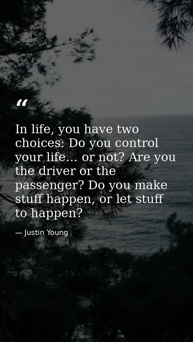 In life, you have two choices: Do you control your life… or not? Are you the driver or the passenger? Do you make stuff  — Justin Young