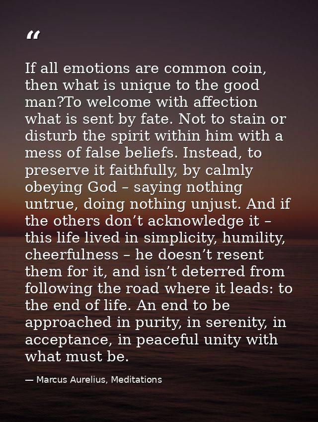 If all emotions are common coin, then what is unique to the good man?To welcome with affection what is sent by fate. Not — Marcus Aurelius, Meditations