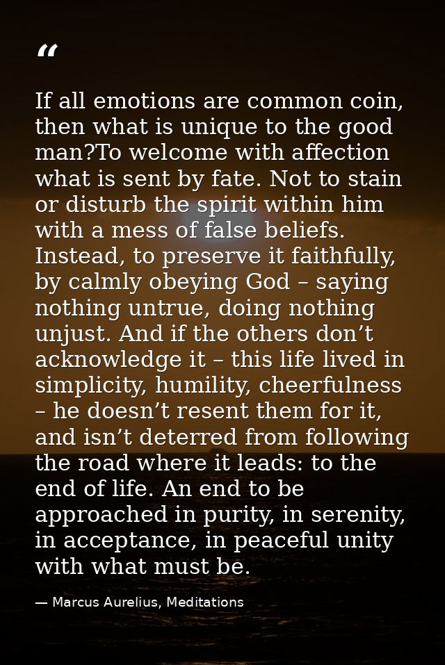 If all emotions are common coin, then what is unique to the good man?To welcome with affection what is sent by fate. Not — Marcus Aurelius, Meditations