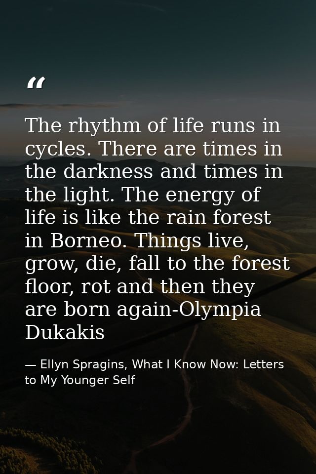 The rhythm of life runs in cycles. There are times in the darkness and times in the light. The energy of life is like th — Ellyn Spragins, What I Know Now: Letters to My Younger Self