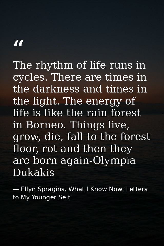 The rhythm of life runs in cycles. There are times in the darkness and times in the light. The energy of life is like th — Ellyn Spragins, What I Know Now: Letters to My Younger Self