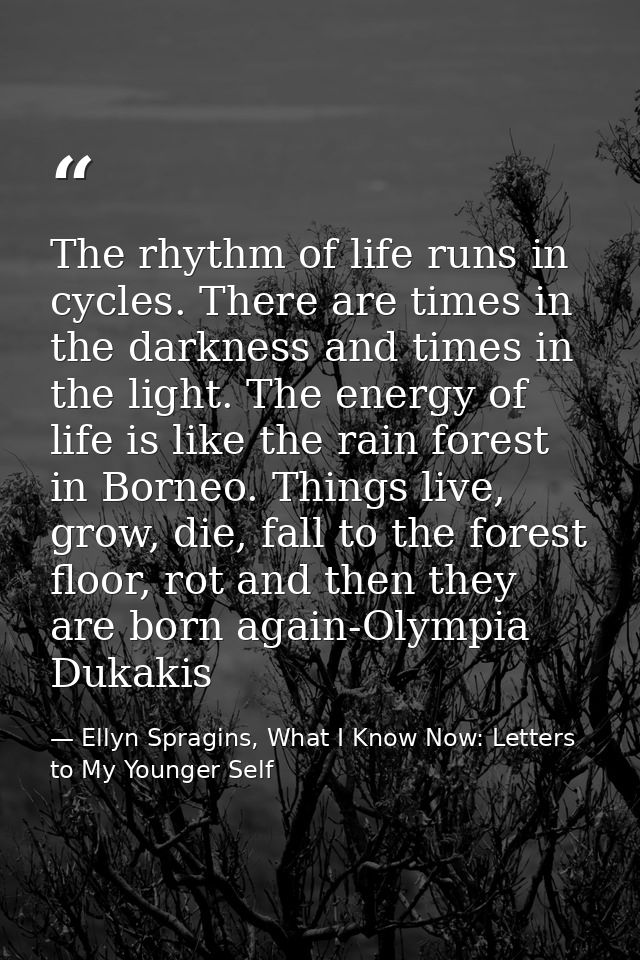 The rhythm of life runs in cycles. There are times in the darkness and times in the light. The energy of life is like th — Ellyn Spragins, What I Know Now: Letters to My Younger Self