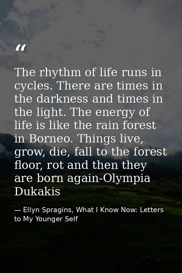 The rhythm of life runs in cycles. There are times in the darkness and times in the light. The energy of life is like th — Ellyn Spragins, What I Know Now: Letters to My Younger Self