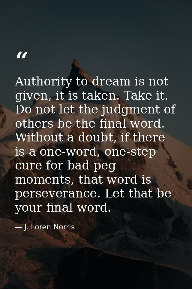 Authority to dream is not given, it is taken. Take it. Do not let the judgment of others be the final word. Without a do — J. Loren Norris