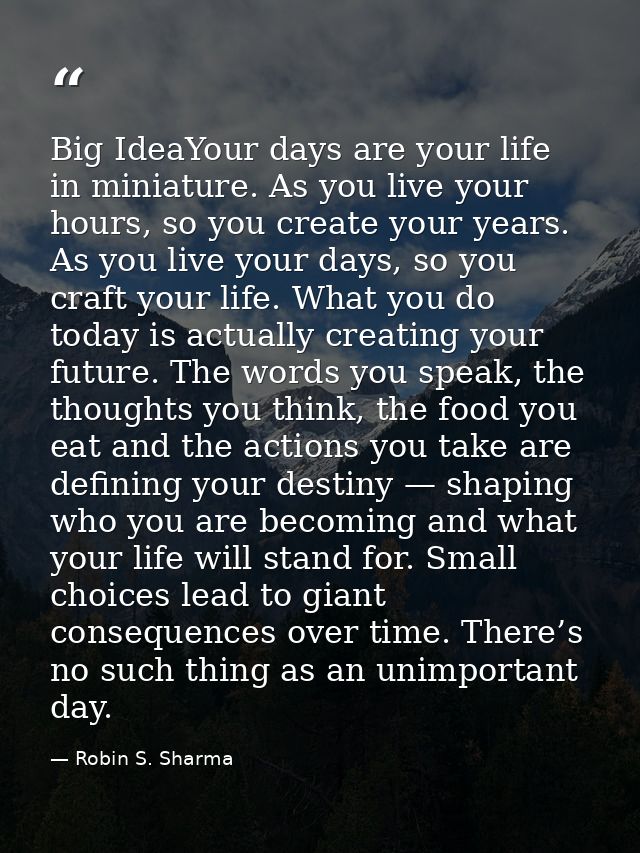 Big IdeaYour days are your life in miniature. As you live your hours, so you create your years. As you live your days, s — Robin S. Sharma