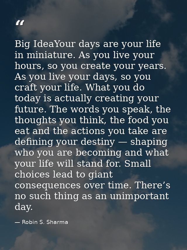 Big IdeaYour days are your life in miniature. As you live your hours, so you create your years. As you live your days, s — Robin S. Sharma