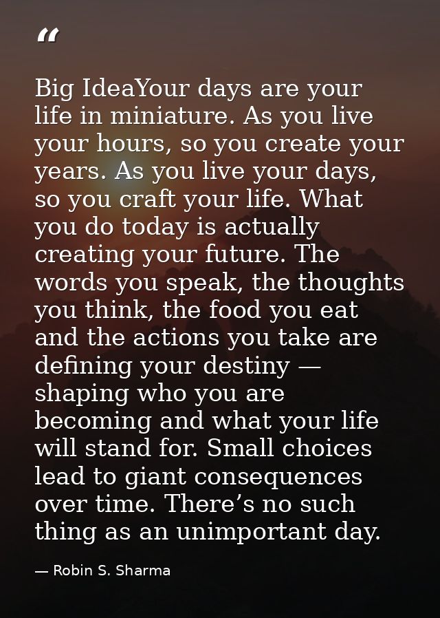 Big IdeaYour days are your life in miniature. As you live your hours, so you create your years. As you live your days, s — Robin S. Sharma