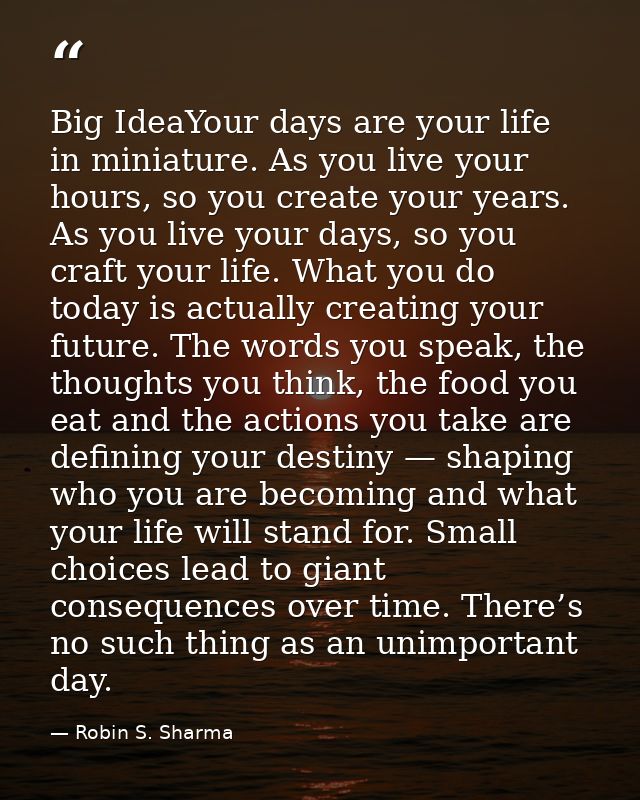 Big IdeaYour days are your life in miniature. As you live your hours, so you create your years. As you live your days, s — Robin S. Sharma