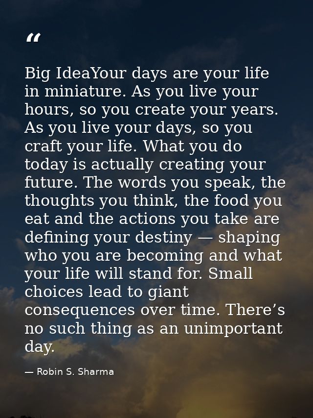 Big IdeaYour days are your life in miniature. As you live your hours, so you create your years. As you live your days, s — Robin S. Sharma