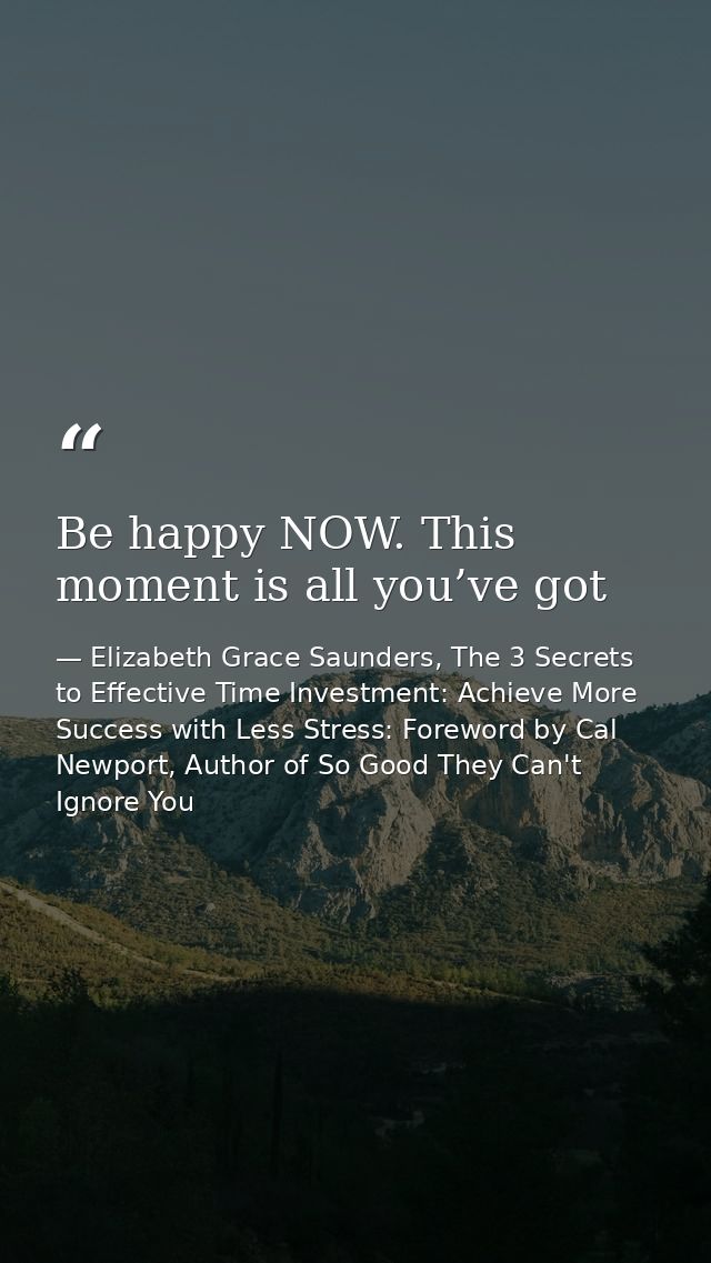 Be happy NOW. This moment is all you’ve got — Elizabeth Grace Saunders, The 3 Secrets to Effective Time Investment: Achieve More Success with Less Stress: Foreword by Cal Newport, Author of So Good They Can't Ignore You