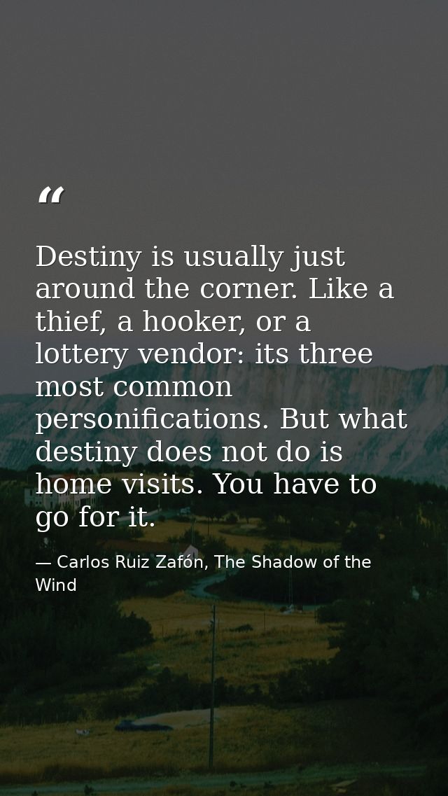 Destiny is usually just around the corner. Like a thief, a hooker, or a lottery vendor: its three most common personific — Carlos Ruiz Zafón, The Shadow of the Wind