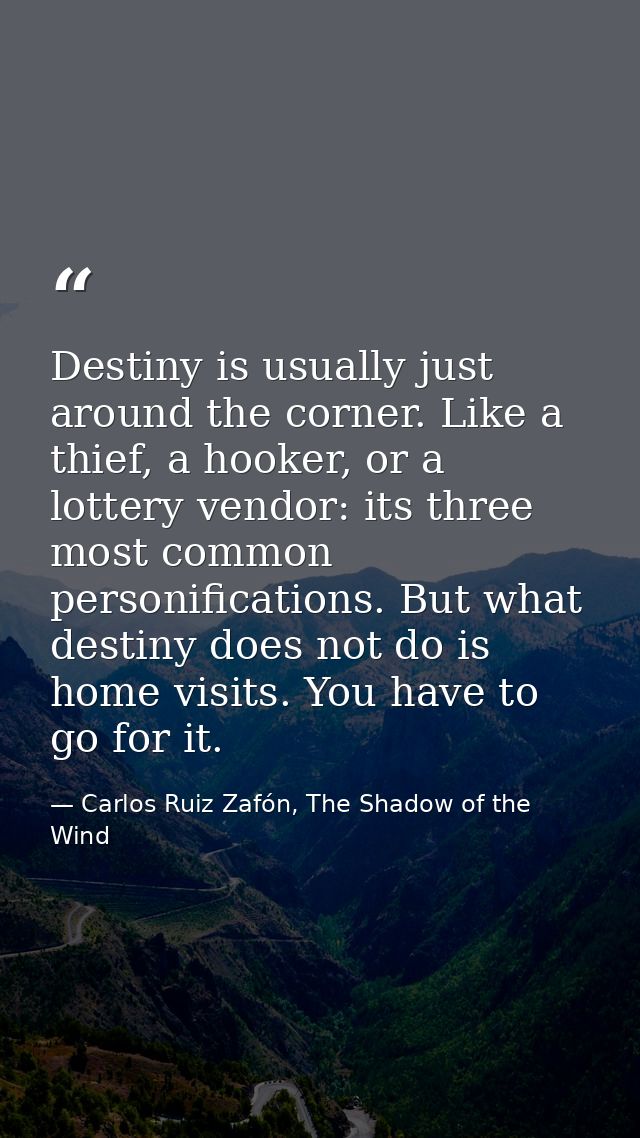 Destiny is usually just around the corner. Like a thief, a hooker, or a lottery vendor: its three most common personific — Carlos Ruiz Zafón, The Shadow of the Wind