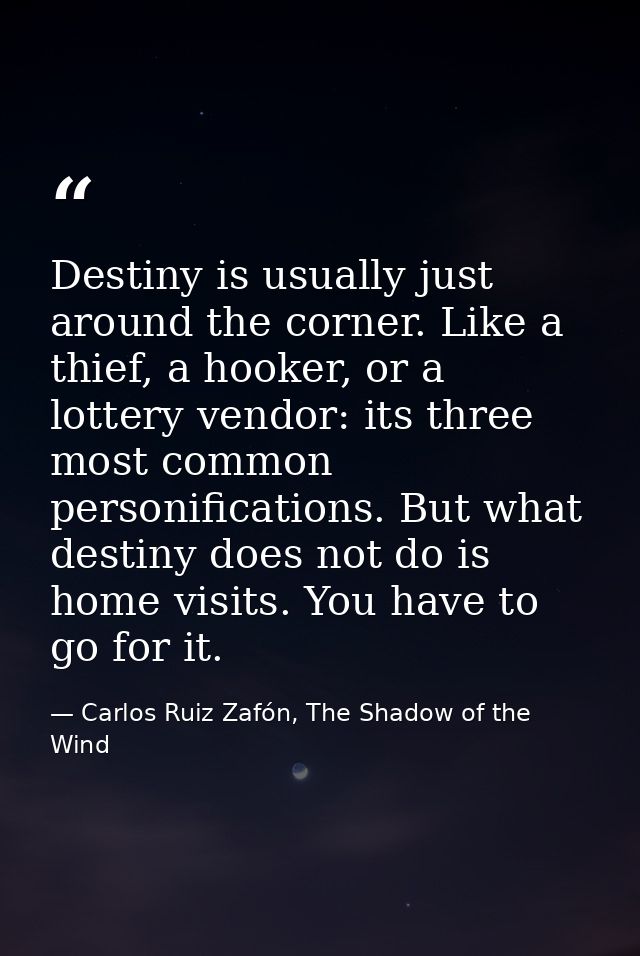 Destiny is usually just around the corner. Like a thief, a hooker, or a lottery vendor: its three most common personific — Carlos Ruiz Zafón, The Shadow of the Wind